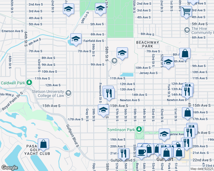 map of restaurants, bars, coffee shops, grocery stores, and more near 5717 13th Avenue South in Gulfport