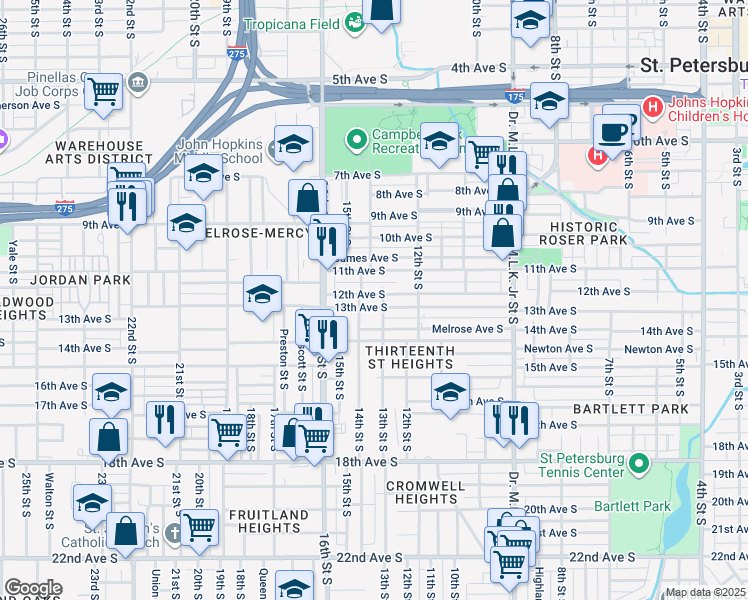 map of restaurants, bars, coffee shops, grocery stores, and more near 1333 Melrose Avenue South in St. Petersburg