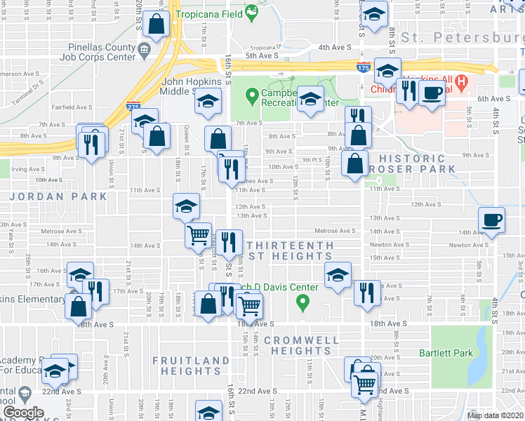 map of restaurants, bars, coffee shops, grocery stores, and more near 1333 Melrose Avenue South in St. Petersburg
