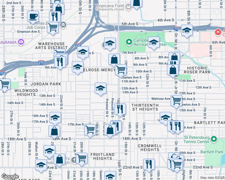 map of restaurants, bars, coffee shops, grocery stores, and more near 1327 Prescott Street South in St. Petersburg