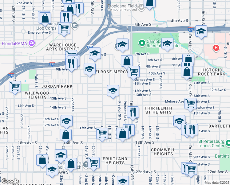 map of restaurants, bars, coffee shops, grocery stores, and more near 1752 13th Avenue South in St. Petersburg