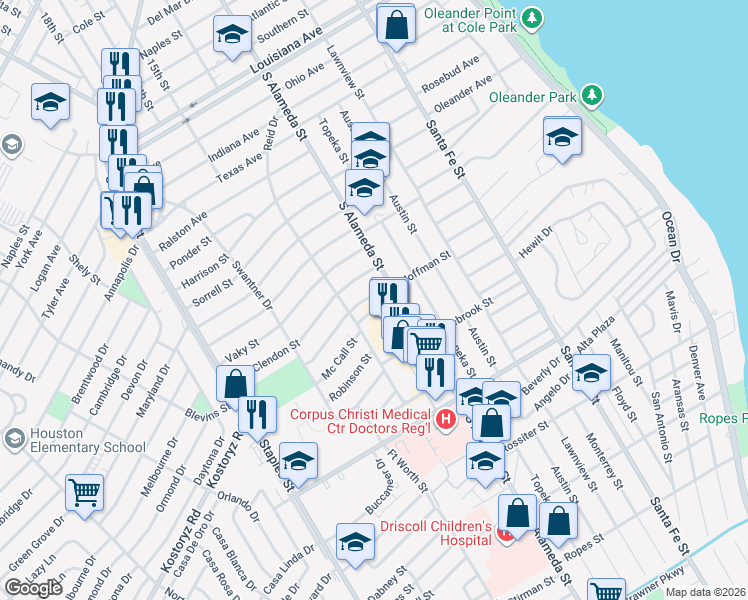 map of restaurants, bars, coffee shops, grocery stores, and more near 3133 South Alameda Street in Corpus Christi