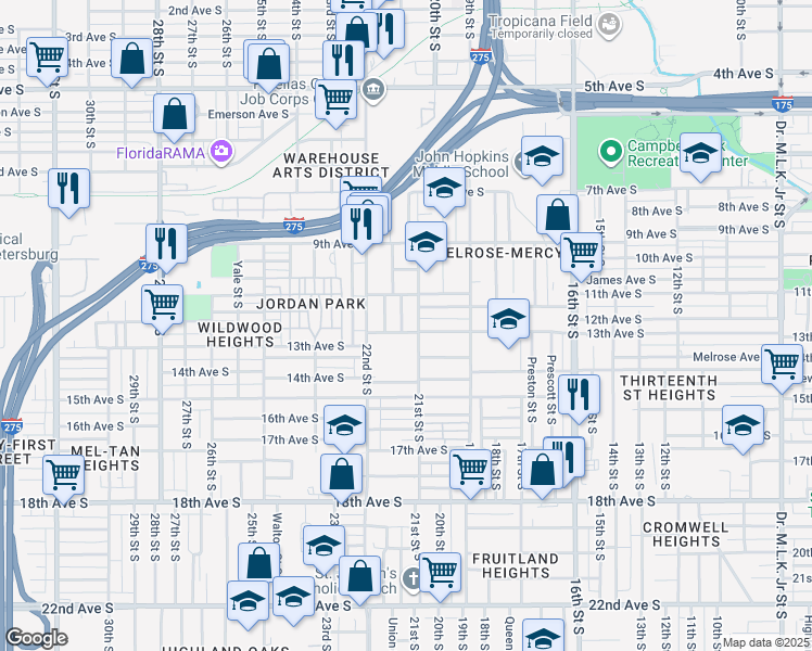 map of restaurants, bars, coffee shops, grocery stores, and more near 1300 22nd Street South in St. Petersburg