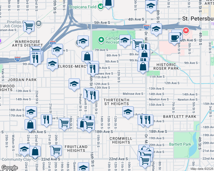 map of restaurants, bars, coffee shops, grocery stores, and more near 1310 12th Avenue South in St. Petersburg