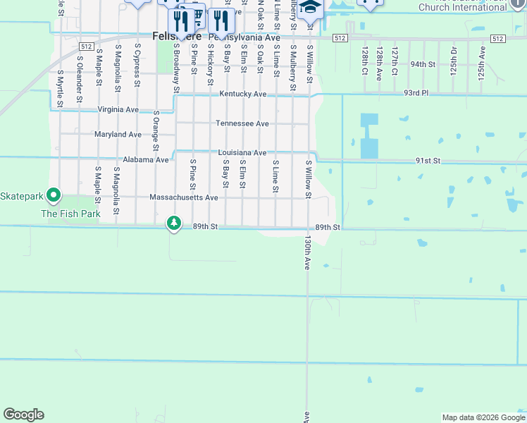map of restaurants, bars, coffee shops, grocery stores, and more near 260 South Oak Street in Fellsmere
