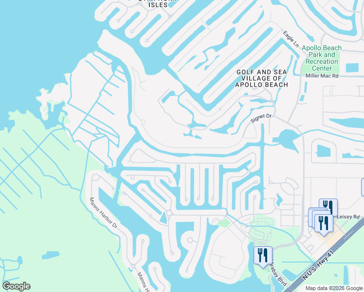 map of restaurants, bars, coffee shops, grocery stores, and more near 1031 Signet Drive in Apollo Beach