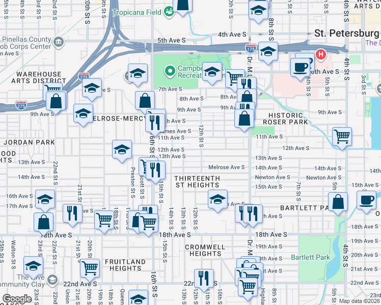 map of restaurants, bars, coffee shops, grocery stores, and more near 1244 12th Avenue South in St. Petersburg