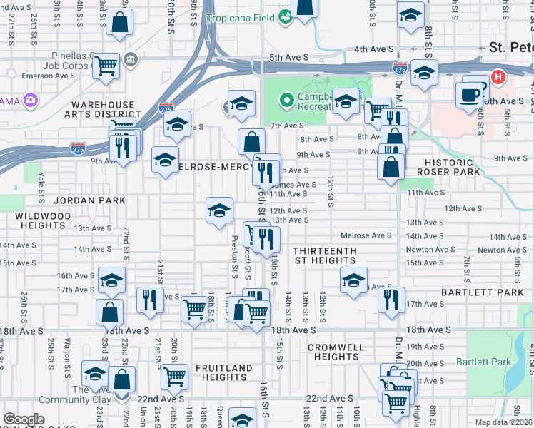 map of restaurants, bars, coffee shops, grocery stores, and more near 1320 16th Street South in St. Petersburg