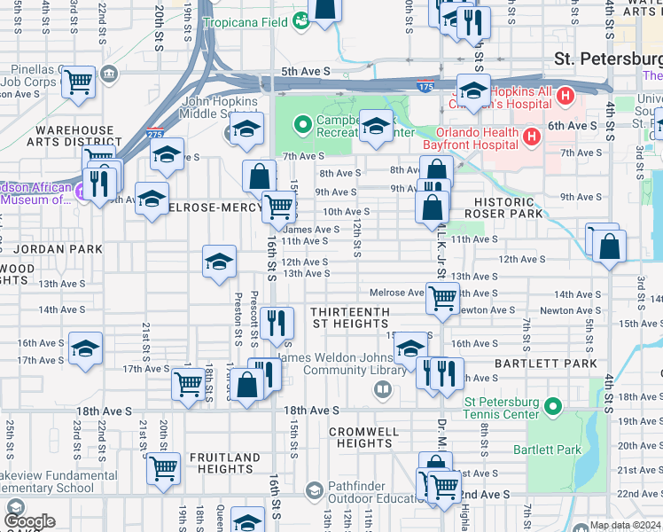 map of restaurants, bars, coffee shops, grocery stores, and more near 1256 12th Avenue South in Saint Petersburg