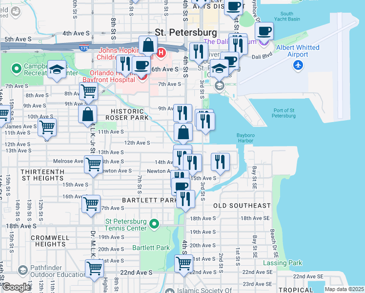 map of restaurants, bars, coffee shops, grocery stores, and more near 1130 4th Street South in Saint Petersburg