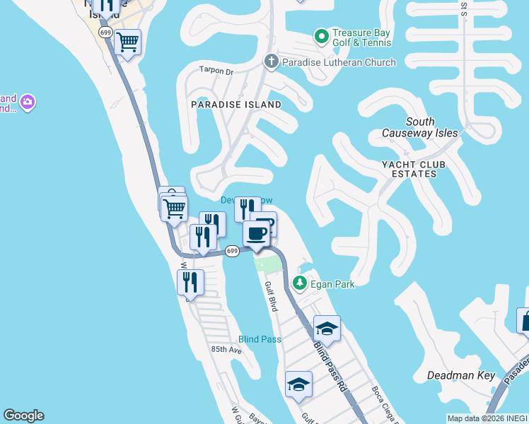 map of restaurants, bars, coffee shops, grocery stores, and more near 9495 Blind Pass Road in St. Pete Beach