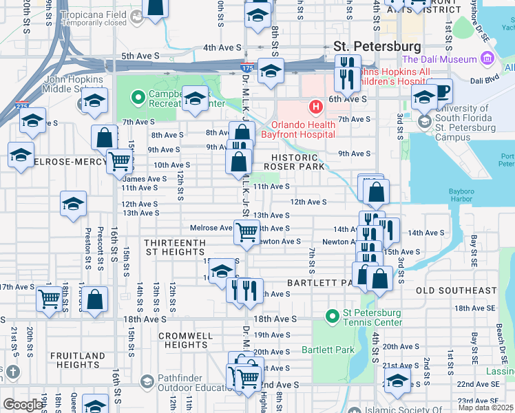 map of restaurants, bars, coffee shops, grocery stores, and more near 1118 Highland Street South in St. Petersburg