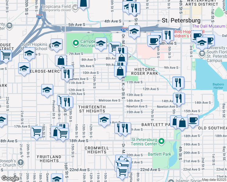 map of restaurants, bars, coffee shops, grocery stores, and more near 986 11th Avenue South in St. Petersburg