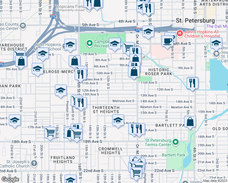 map of restaurants, bars, coffee shops, grocery stores, and more near 1120 11th Avenue South in St. Petersburg