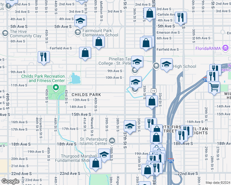 map of restaurants, bars, coffee shops, grocery stores, and more near 3800 11th Avenue South in St. Petersburg