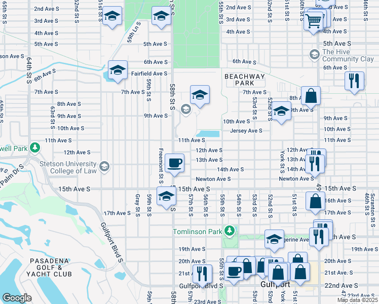 map of restaurants, bars, coffee shops, grocery stores, and more near 5614 11th Avenue South in Gulfport