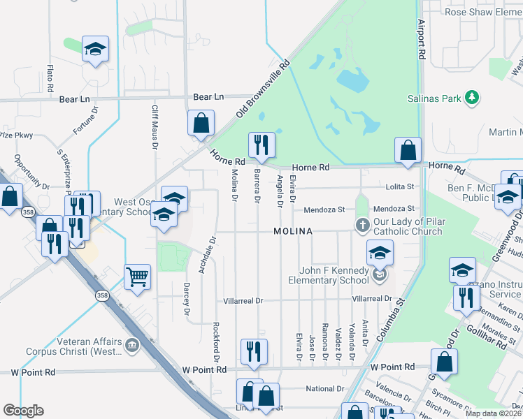 map of restaurants, bars, coffee shops, grocery stores, and more near 4150 Barrera Drive in Corpus Christi