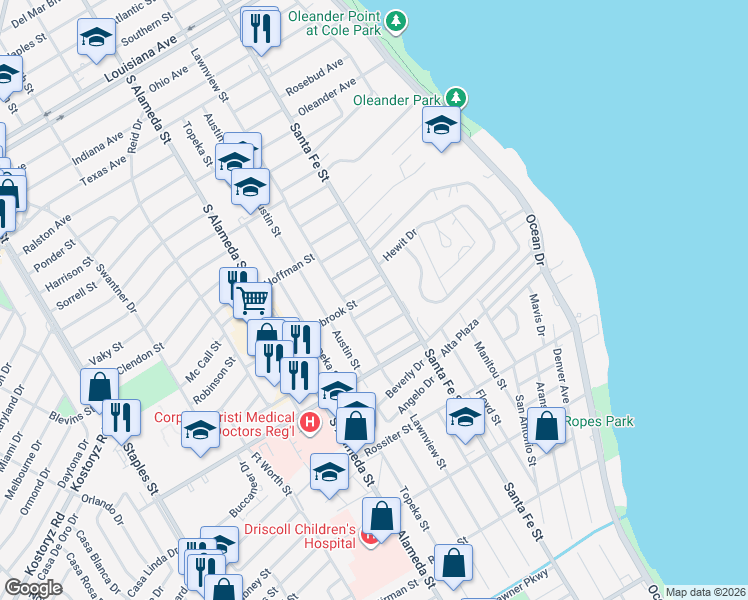 map of restaurants, bars, coffee shops, grocery stores, and more near 301 South Morningside Street in Corpus Christi
