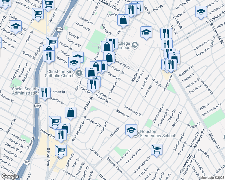 map of restaurants, bars, coffee shops, grocery stores, and more near 125 Richard Street in Corpus Christi