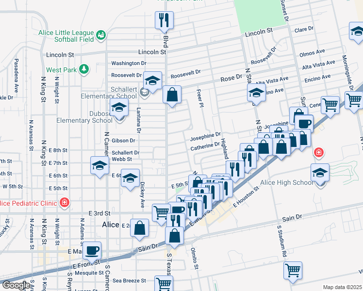map of restaurants, bars, coffee shops, grocery stores, and more near 1111 Josephine Drive in Alice