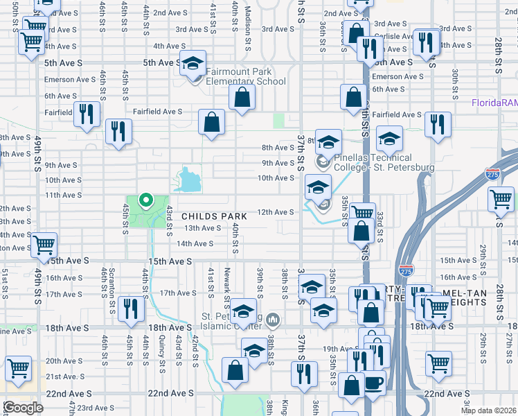 map of restaurants, bars, coffee shops, grocery stores, and more near 3922 11th Avenue South in St. Petersburg