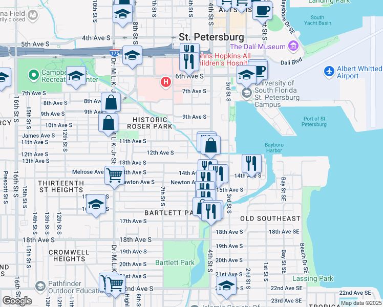 map of restaurants, bars, coffee shops, grocery stores, and more near 507 12th Avenue South in St. Petersburg