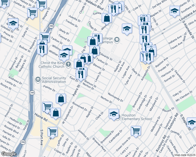 map of restaurants, bars, coffee shops, grocery stores, and more near 210 Richard Street in Corpus Christi