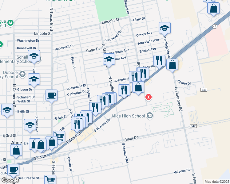 map of restaurants, bars, coffee shops, grocery stores, and more near 722 North Stadium Road in Alice