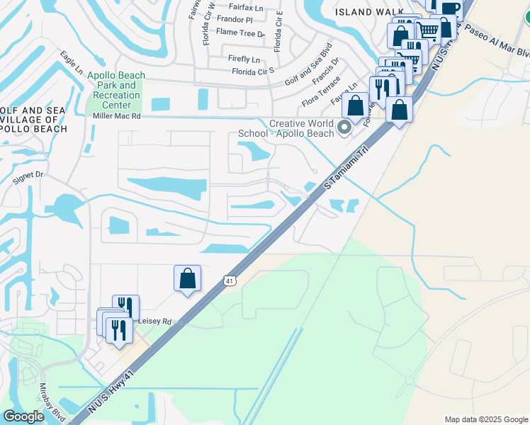 map of restaurants, bars, coffee shops, grocery stores, and more near 192 Shell Falls Drive in Apollo Beach