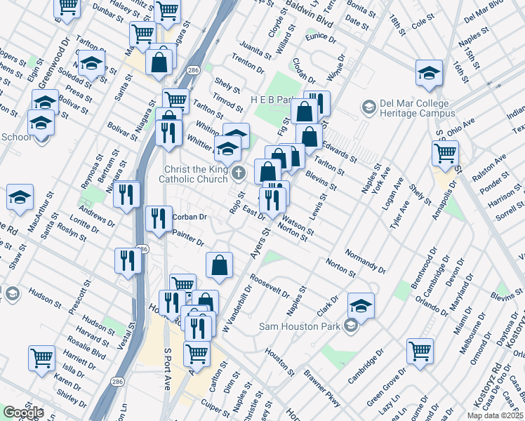 map of restaurants, bars, coffee shops, grocery stores, and more near 3433 Ayers Street in Corpus Christi