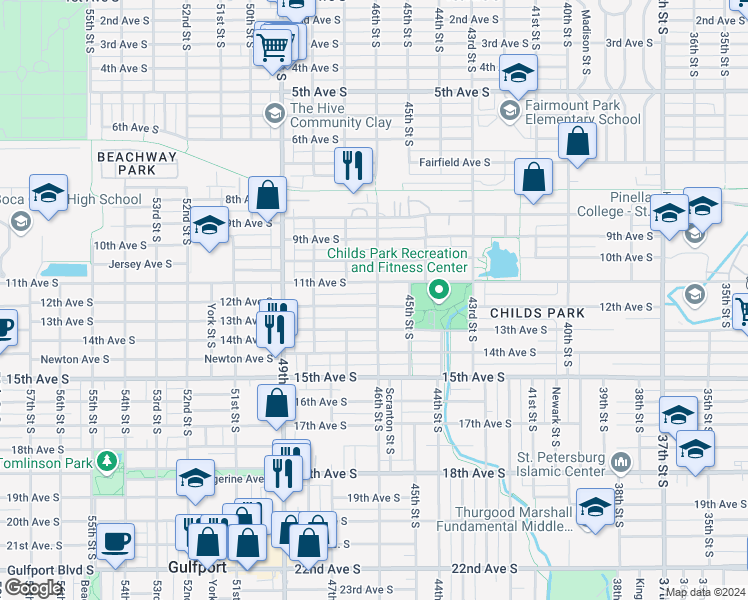 map of restaurants, bars, coffee shops, grocery stores, and more near 4601 12th Avenue South in St. Petersburg
