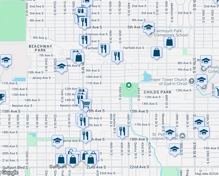 map of restaurants, bars, coffee shops, grocery stores, and more near 4636 11th Avenue South in St. Petersburg