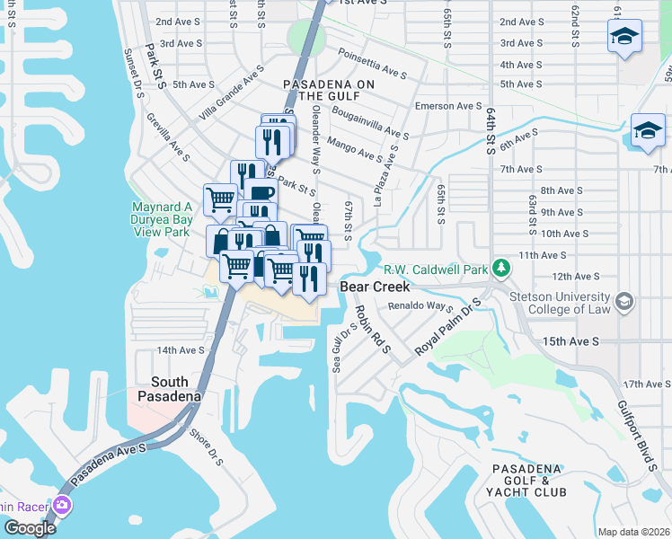 map of restaurants, bars, coffee shops, grocery stores, and more near 6750 West Flamingo Way South in St. Petersburg