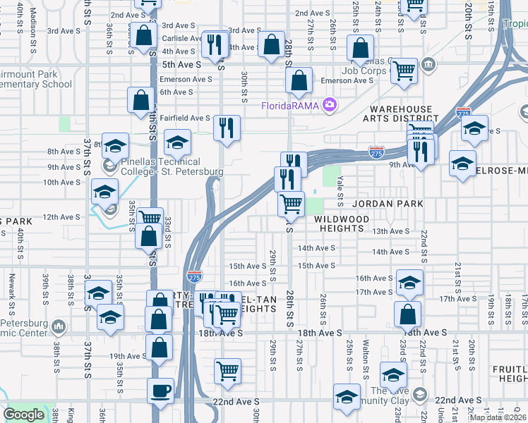 map of restaurants, bars, coffee shops, grocery stores, and more near 1100 29th Street South in St. Petersburg