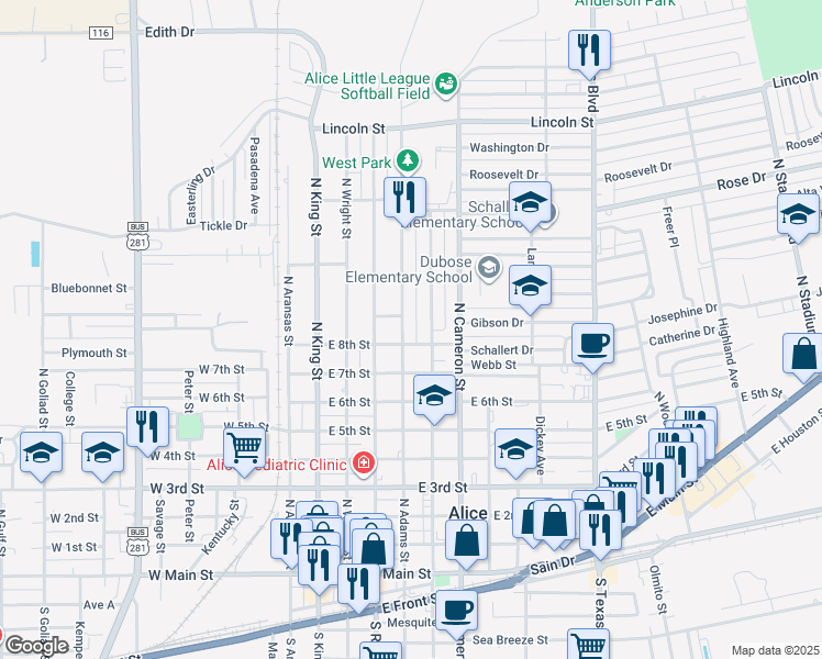 map of restaurants, bars, coffee shops, grocery stores, and more near 825 North Almond Street in Alice
