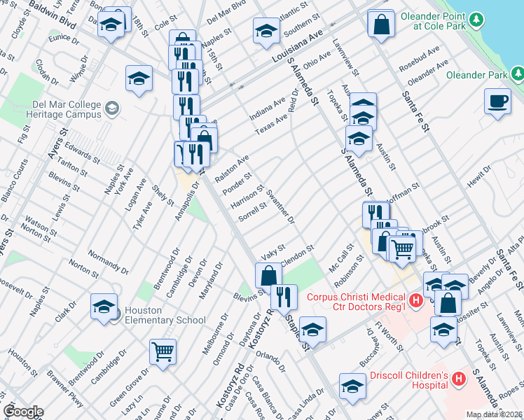 map of restaurants, bars, coffee shops, grocery stores, and more near 1005 Sorrell Street in Corpus Christi