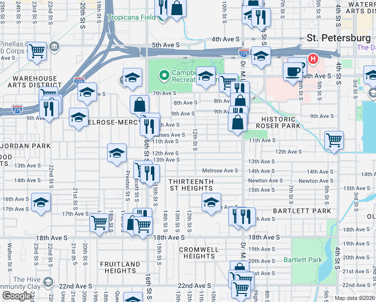 map of restaurants, bars, coffee shops, grocery stores, and more near 1236 11th Avenue South in St. Petersburg