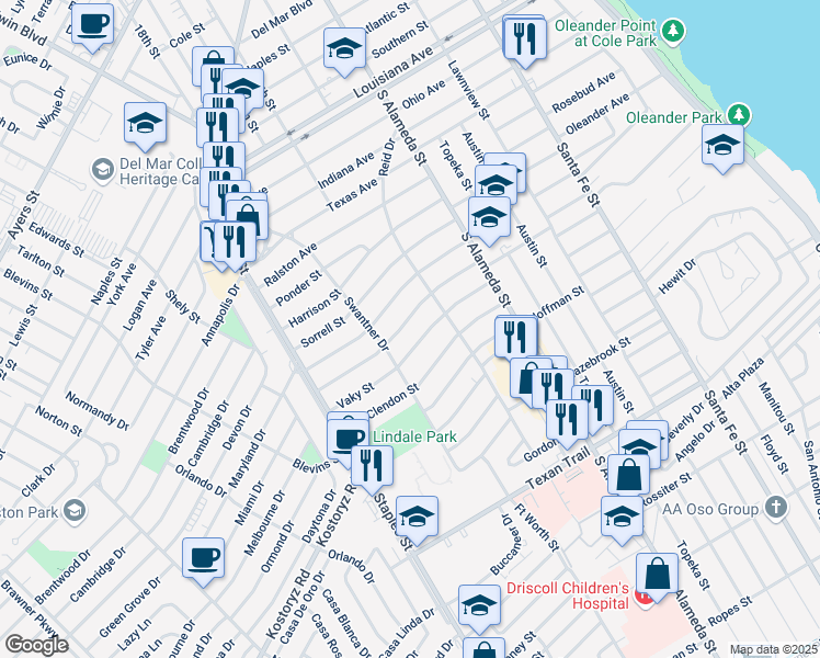 map of restaurants, bars, coffee shops, grocery stores, and more near 614 Vaky Street in Corpus Christi