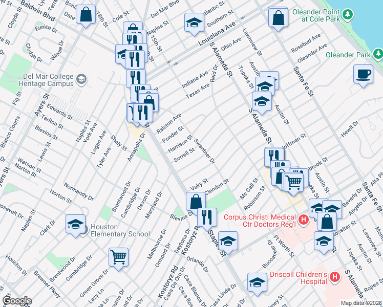 map of restaurants, bars, coffee shops, grocery stores, and more near 1005 Sorrell Street in Corpus Christi