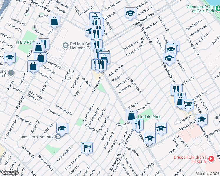 map of restaurants, bars, coffee shops, grocery stores, and more near 2901 South Staples Street in Corpus Christi