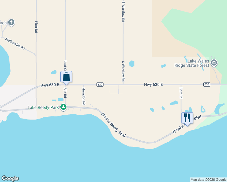 map of restaurants, bars, coffee shops, grocery stores, and more near 584 Highway 630 East in Frostproof