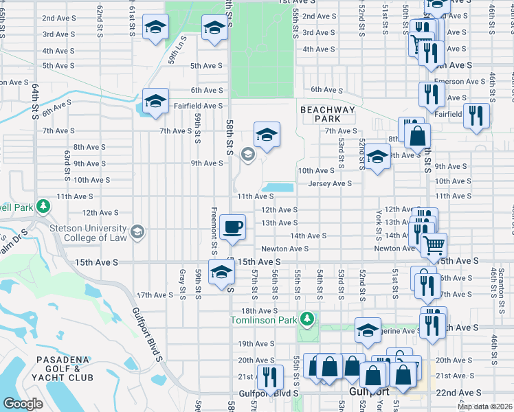 map of restaurants, bars, coffee shops, grocery stores, and more near 5614 11th Avenue South in Gulfport