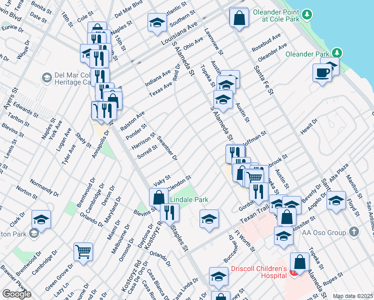 map of restaurants, bars, coffee shops, grocery stores, and more near 614 Vaky Street in Corpus Christi