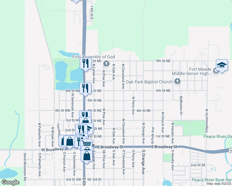 map of restaurants, bars, coffee shops, grocery stores, and more near 526 North Oak Avenue in Fort Meade