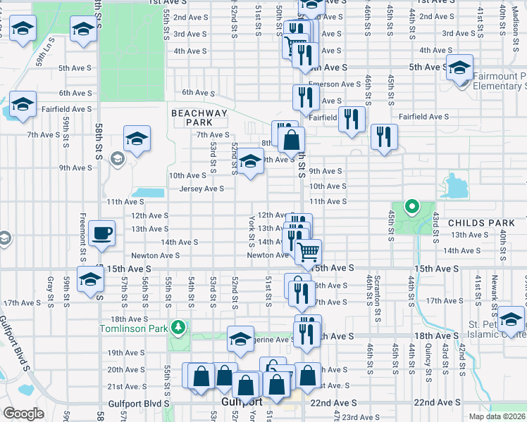 map of restaurants, bars, coffee shops, grocery stores, and more near 5122 11th Avenue South in Gulfport