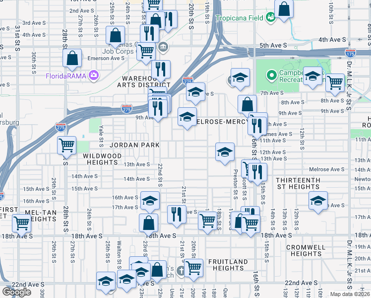 map of restaurants, bars, coffee shops, grocery stores, and more near 2022 11th Avenue South in St. Petersburg