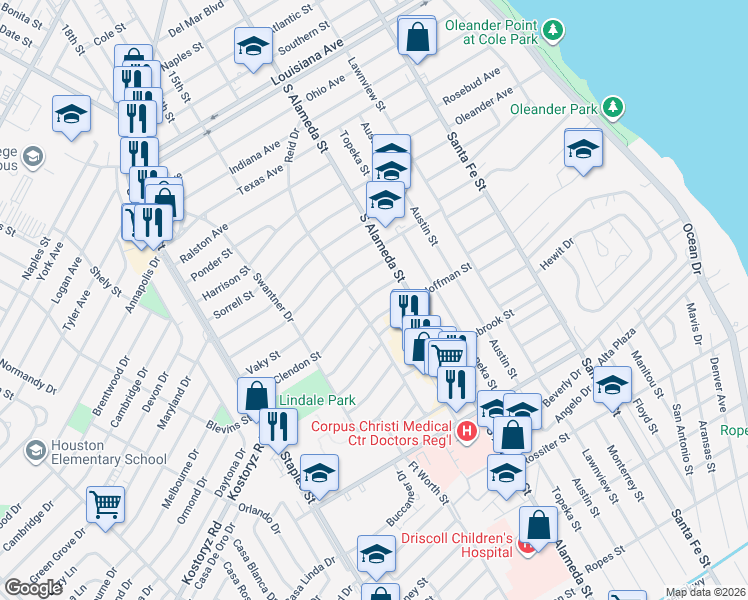 map of restaurants, bars, coffee shops, grocery stores, and more near 527 Mcclendon Street in Corpus Christi