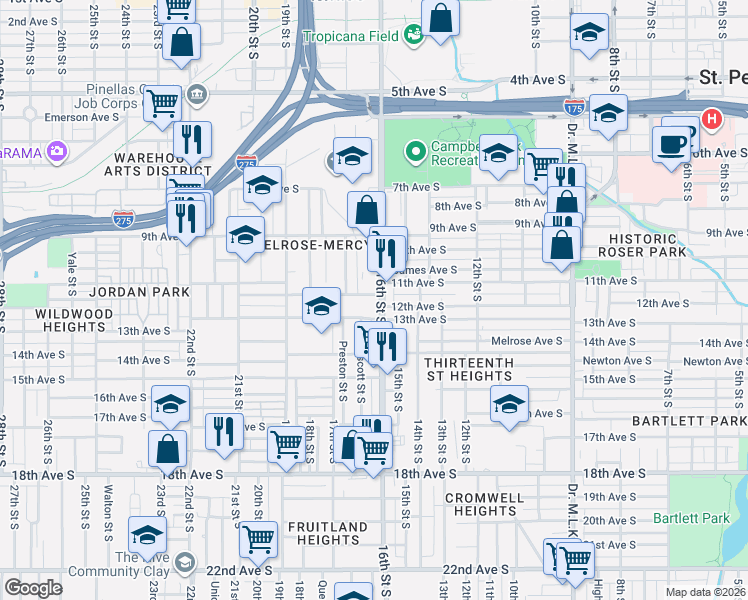map of restaurants, bars, coffee shops, grocery stores, and more near 1110 16th Street South in St. Petersburg