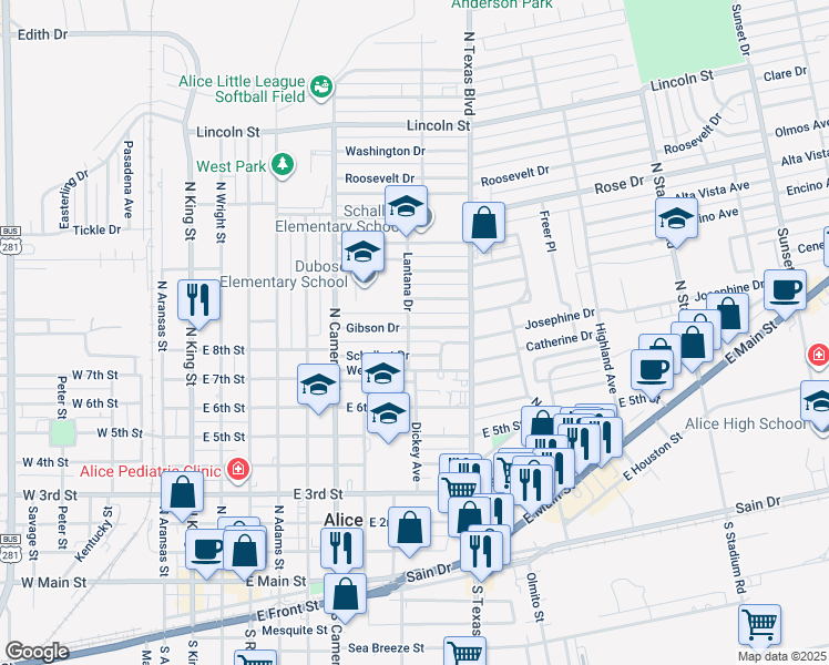 map of restaurants, bars, coffee shops, grocery stores, and more near 1000 Lantana Drive in Alice