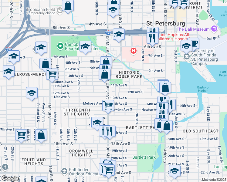 map of restaurants, bars, coffee shops, grocery stores, and more near 1118 Highland Street South in St. Petersburg